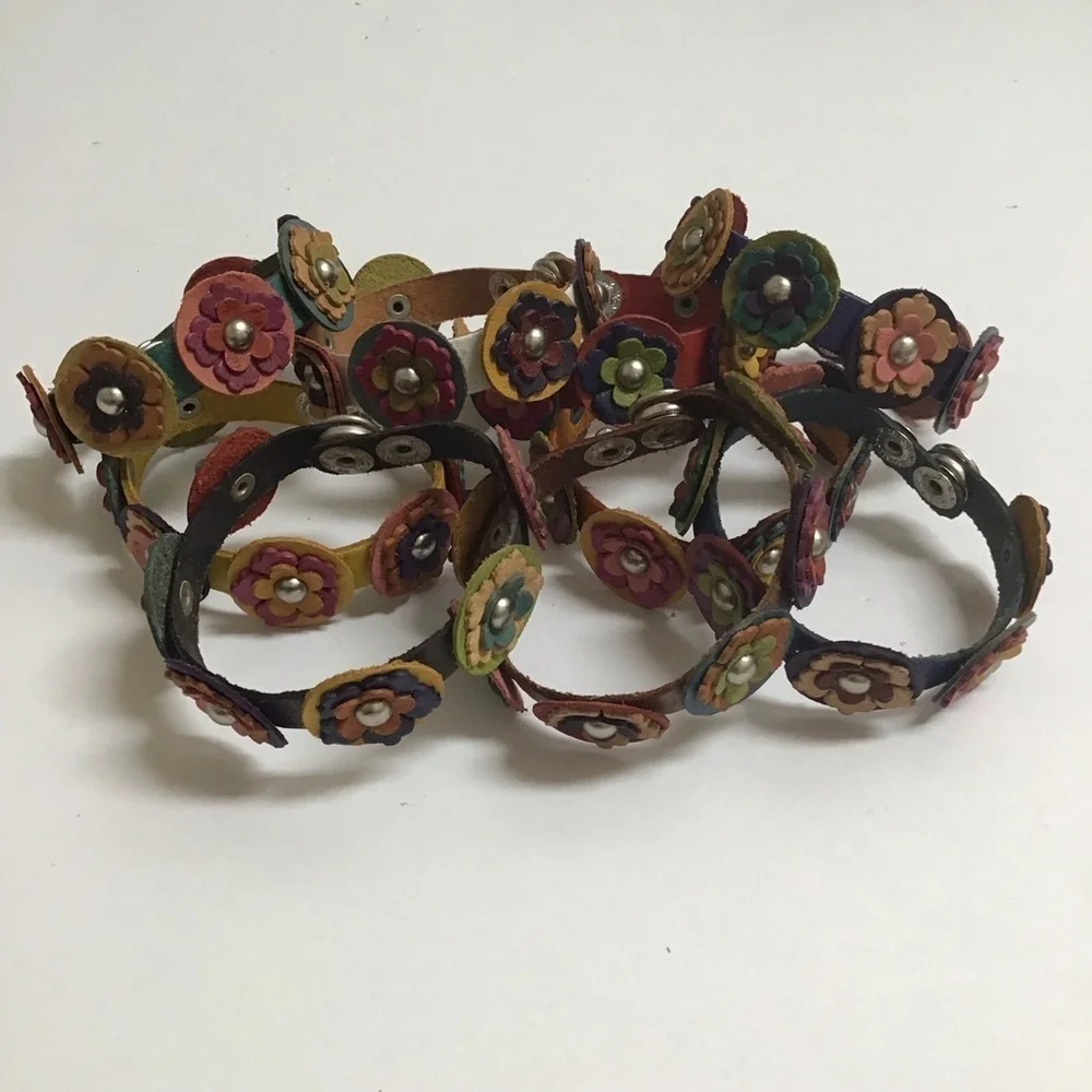 Daisy Flower Leather Bracelet Handmade Mexico Boho Colorful 2-Snap Festival NEW